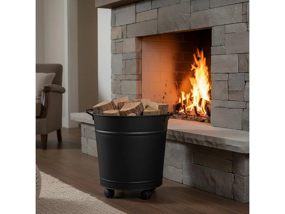 Seau à bûches ou granulés avec roulettes en acier galvanisé