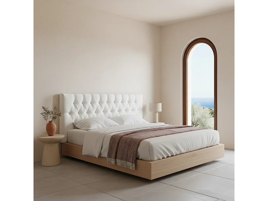 Tête de lit capitonnée Capy blanc tissu anti-taches y structure en bois de pin – 160x60 cm, pour lits de 150 cm