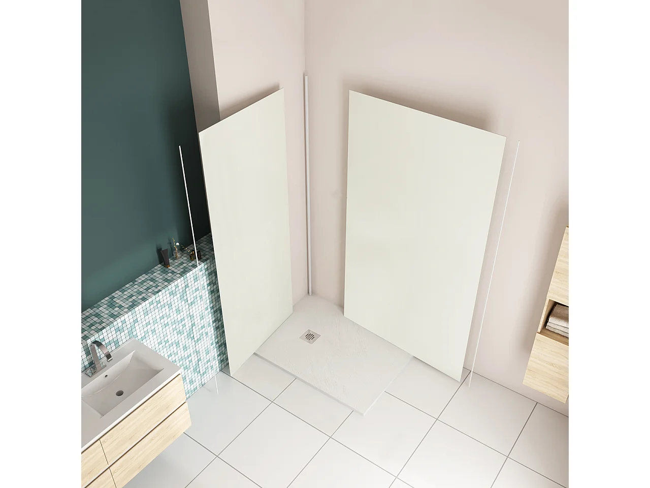 H.210 cm Pannello Doccia ad Angolo 120x120 cm Realizzato in Alluminio da 3 mm con Profili Finitura Bianco Avorio per Rivestimento Parete Bagno