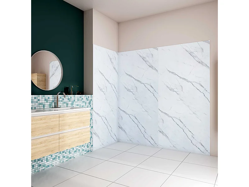 H.210 cm Pannello Doccia ad Angolo 190x90 cm Realizzato in Alluminio da 3 mm con Profili Finitura Bianco Alba per Rivestimento Parete Bagno