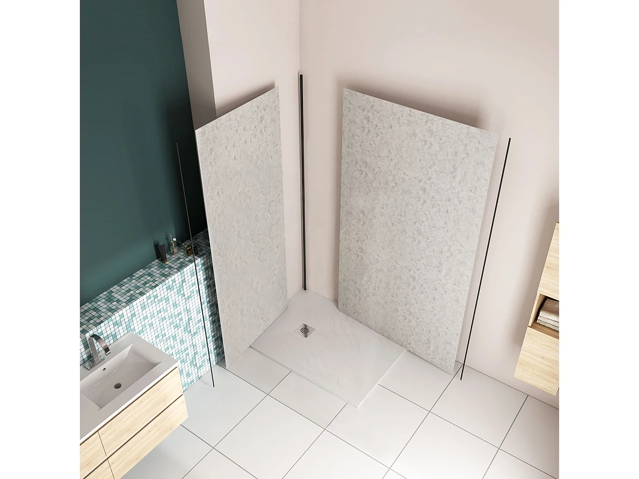 H.210 cm Pannello Doccia ad Angolo 100x80 cm Realizzato in Alluminio da 3 mm con Profili Finitura Grigio Cemento per Rivestimento Parete Bagno