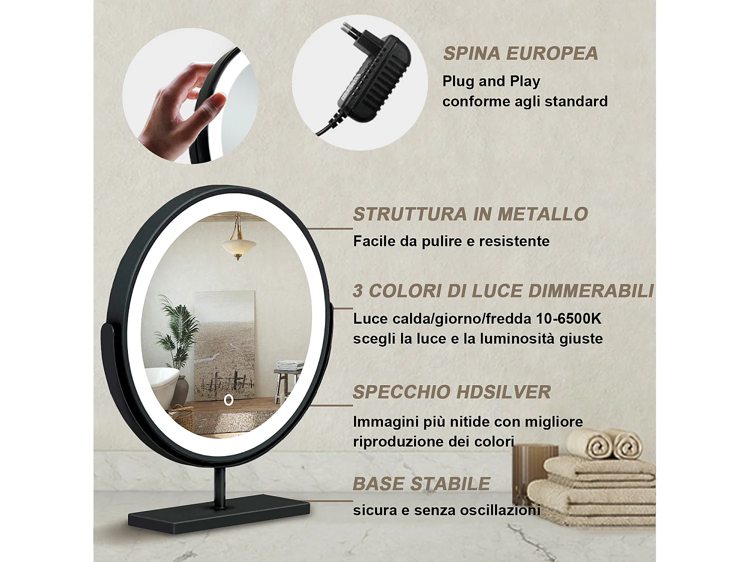 40x48cm Specchio da trucco a posizionamento statico LED + Touch Control + 3 temperature di colore regolabili