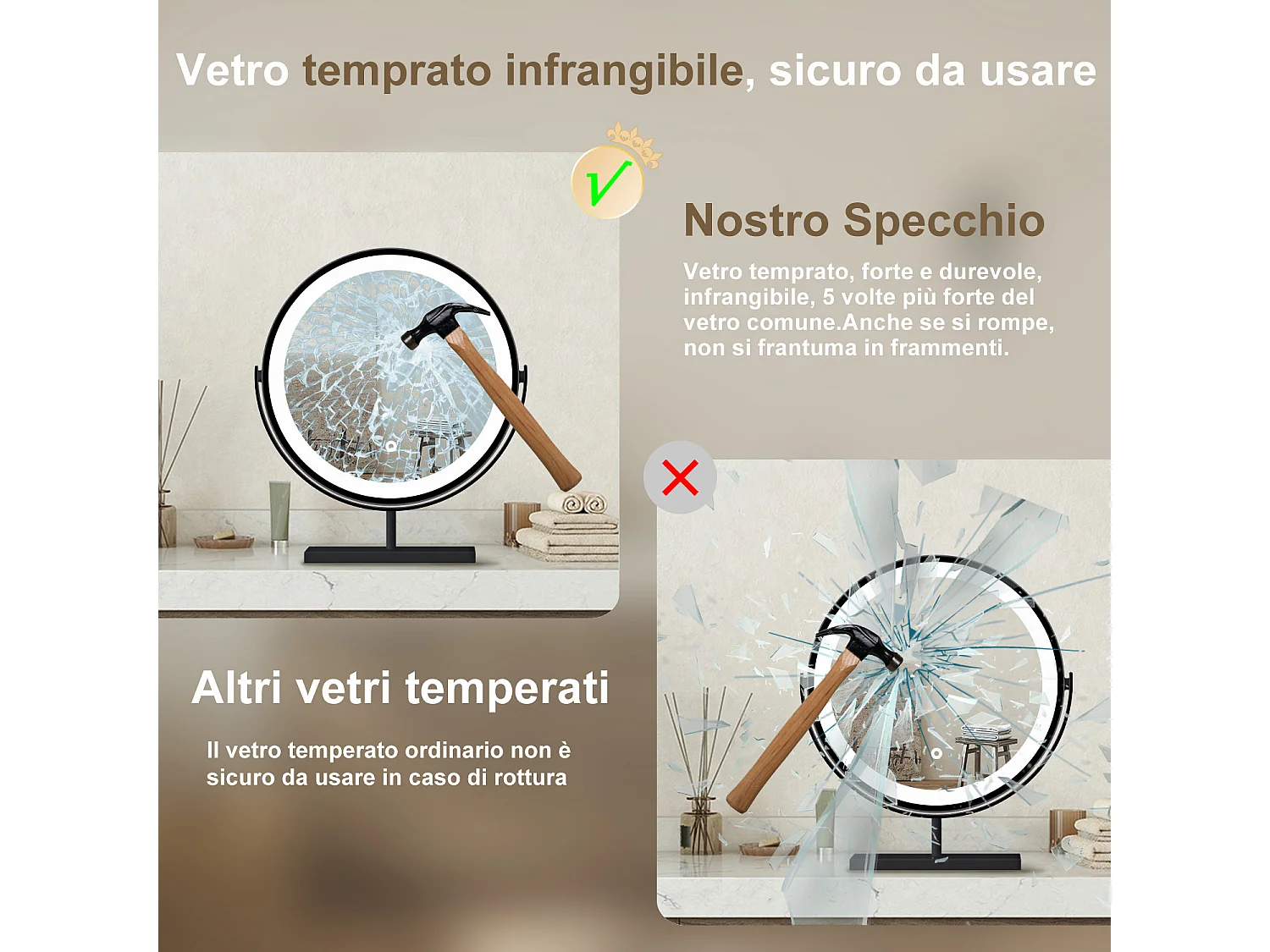 40x48cm Specchio da trucco a posizionamento statico LED + Touch Control + 3 temperature di colore regolabili