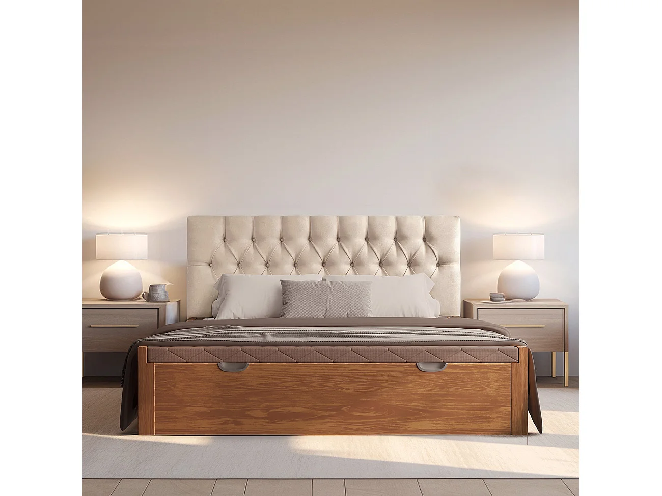 Tête de lit capitonnée Capy beige tissu anti-taches y structure en bois de pin – 190x60 cm, pour lits de 180 cm