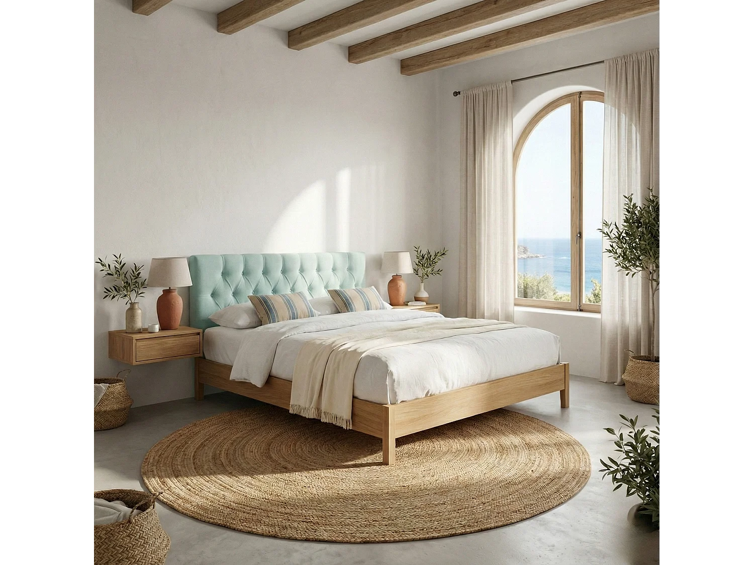 Cabecero tapizado Capy aguamarina tela antimanchas y estructura de madera de pino – 210x60 cm, para camas de 200 cm