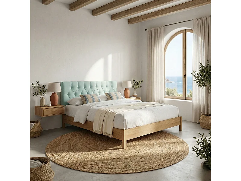 Cabecero tapizado Capy aguamarina tela antimanchas y estructura de madera de pino – 210x60 cm, para camas de 200 cm