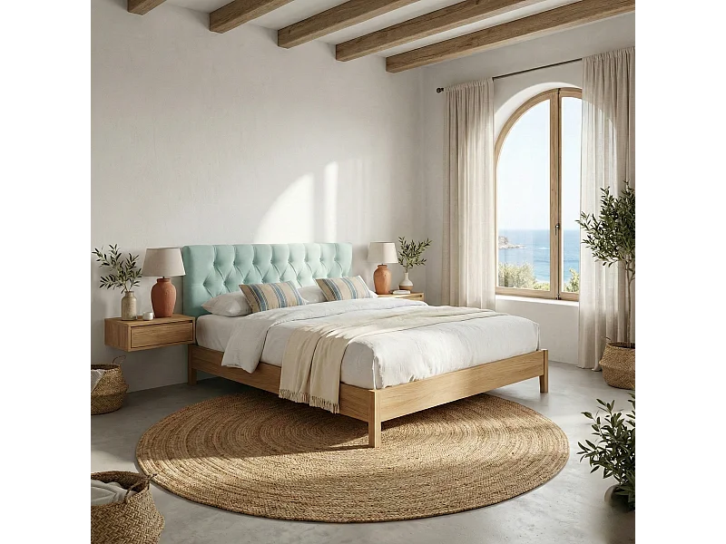 Cabecero tapizado Capy aguamarina tela antimanchas y estructura de madera de pino – 210x60 cm, para camas de 200 cm