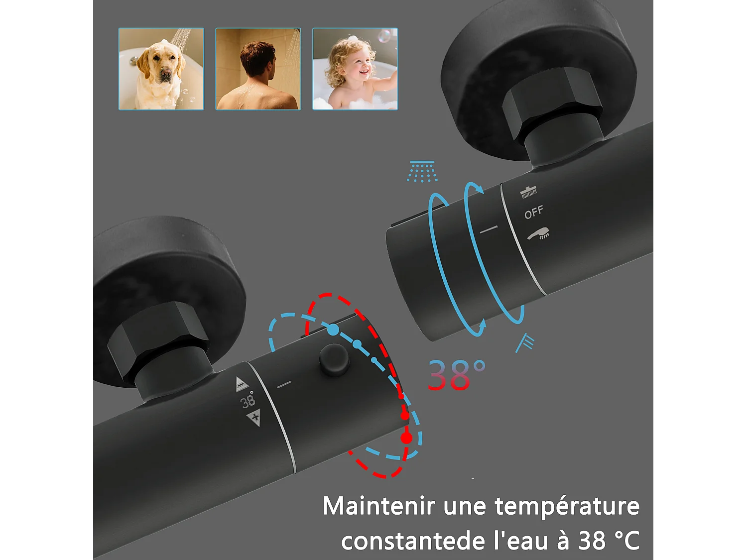 AICA Colonne de Douche Thermostatique 38°C Ensemble de Douche avec Pomme haute 20 x 20 cm+Douchette 3 Jets Hauteur Réglable 72-125 cm Laiton & Acier Inox Noir