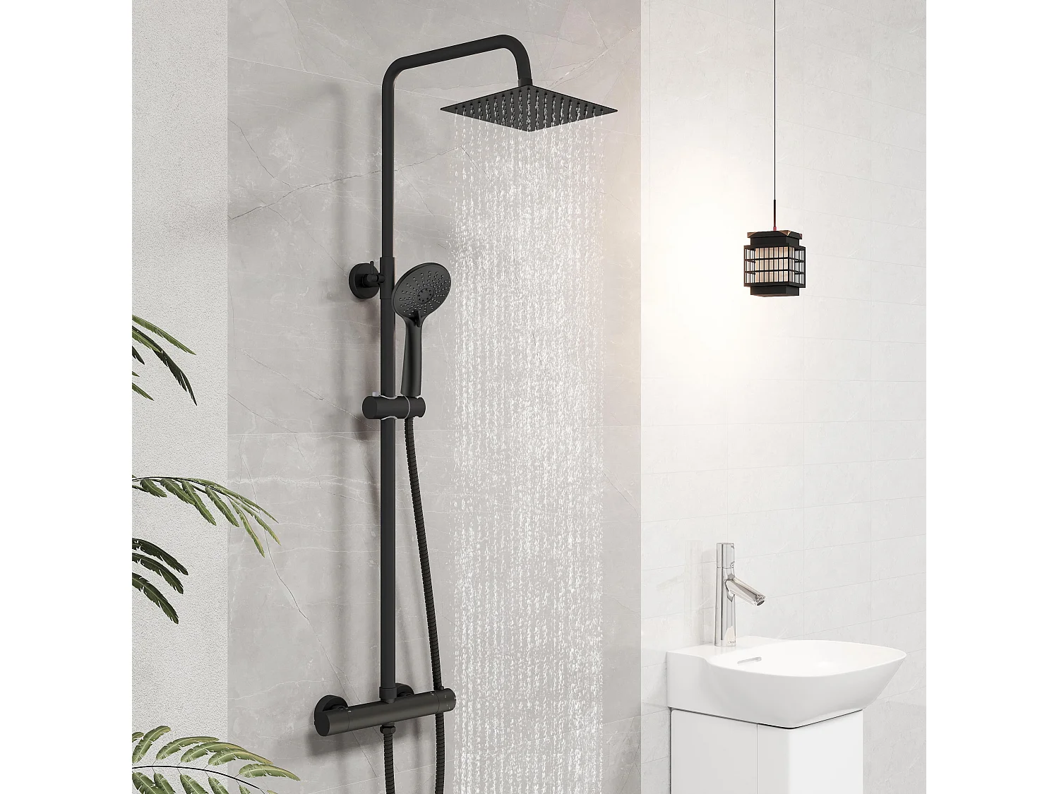 AICA Colonne de Douche Thermostatique 38°C Ensemble de Douche avec Pomme haute 20 x 20 cm+Douchette 3 Jets Hauteur Réglable 72-125 cm Laiton & Acier Inox Noir