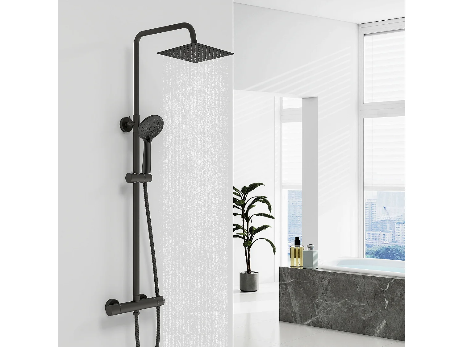 AICA Colonne de Douche Thermostatique 38°C Ensemble de Douche avec Pomme haute 20 x 20 cm+Douchette 3 Jets Hauteur Réglable 72-125 cm Laiton & Acier Inox Noir