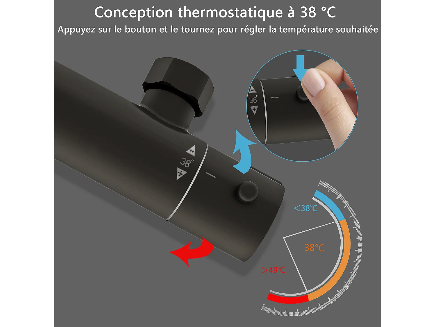 AICA Colonne de Douche Thermostatique 38°C Ensemble de Douche avec Pomme haute 20 x 20 cm+Douchette 3 Jets Hauteur Réglable 72-125 cm Laiton & Acier Inox Noir