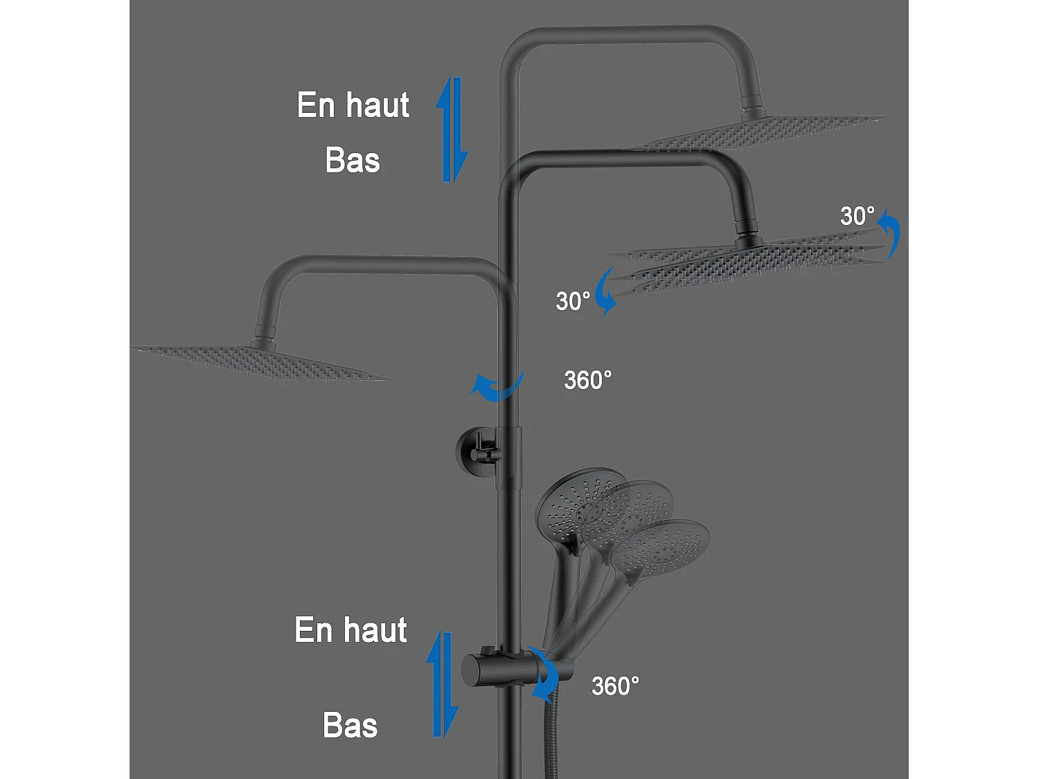 AICA Colonne de Douche Thermostatique 38°C Ensemble de Douche avec Pomme haute 20 x 20 cm+Douchette 3 Jets Hauteur Réglable 72-125 cm Laiton & Acier Inox Noir