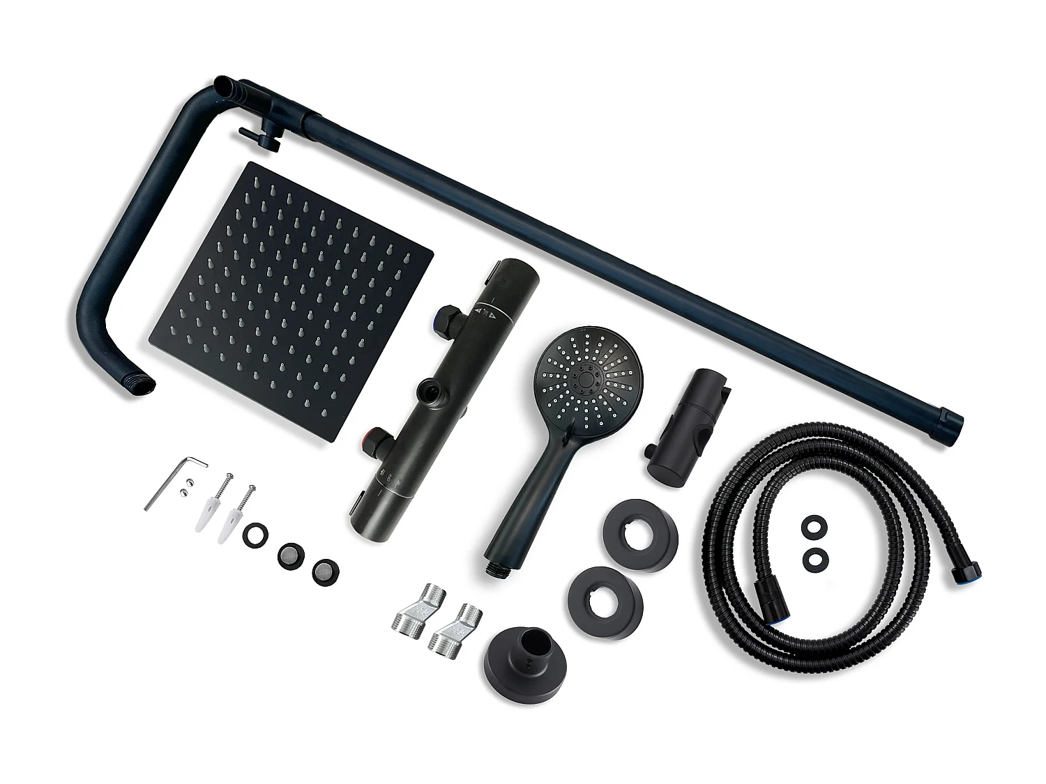 AICA Colonne de Douche Thermostatique 38°C Ensemble de Douche avec Pomme haute 20 x 20 cm+Douchette 3 Jets Hauteur Réglable 72-125 cm Laiton & Acier Inox Noir