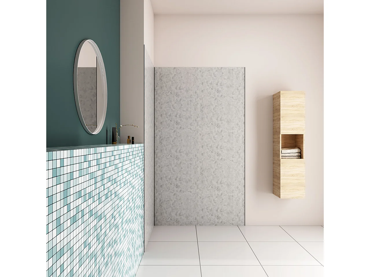 H.210 cm Pannello Doccia ad Angolo 90x120 cm Realizzato in Alluminio da 3 mm con Profili Finitura Grigio Cemento per Rivestimento Parete Bagno