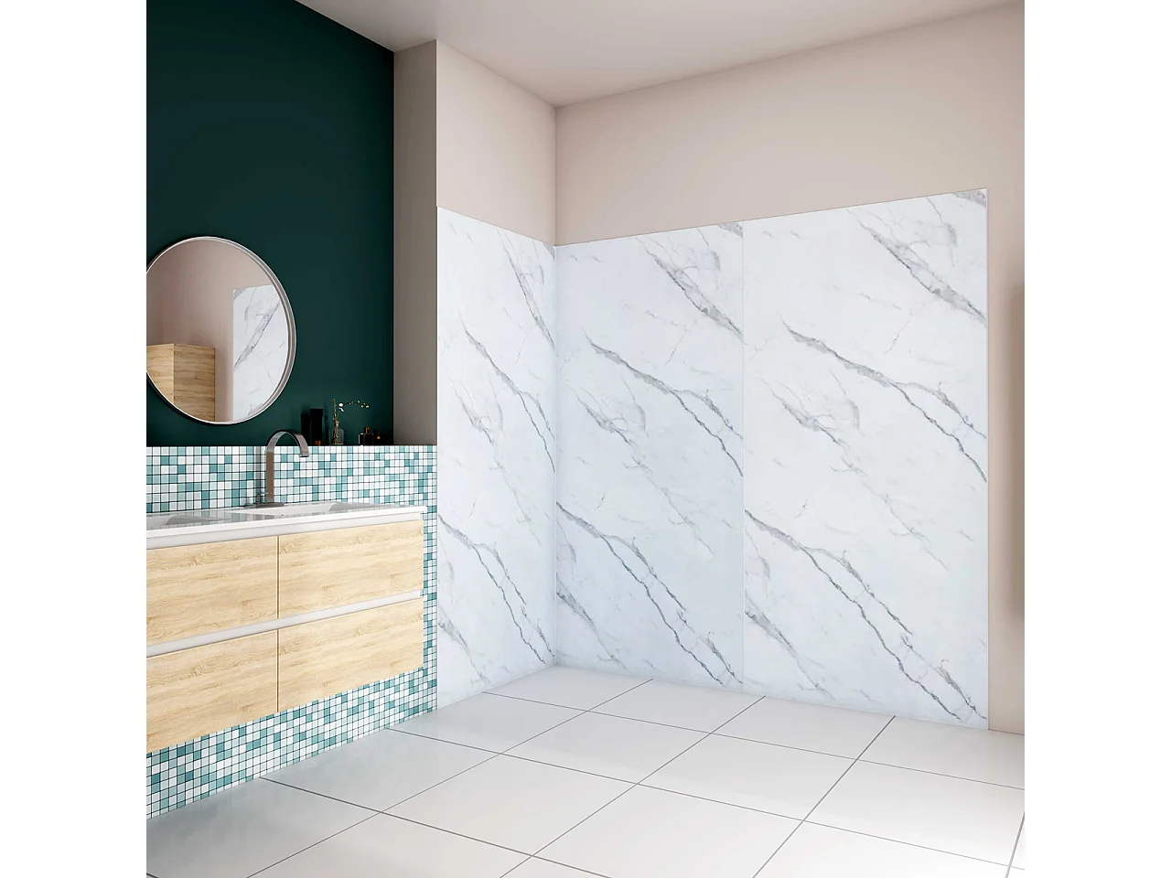 H.210 cm Pannello Doccia ad Angolo 180x40 cm Realizzato in Alluminio da 3 mm con Profili Finitura Bianco Alba per Rivestimento Parete Bagno