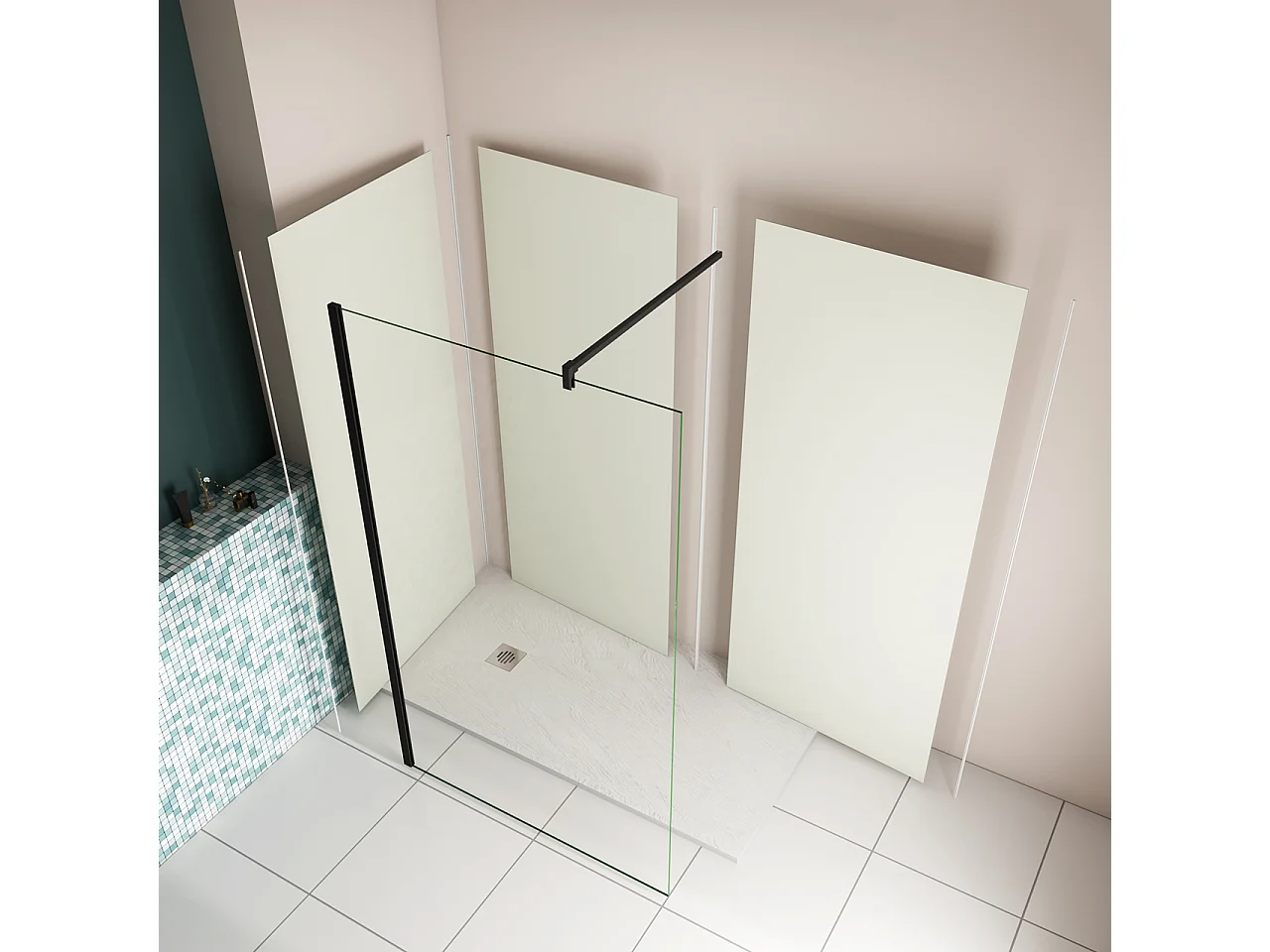 H.210 cm Pannello Doccia ad Angolo 80x80x100 cm Realizzato in Alluminio da 3 mm con Profili Finitura Bianco Avorio per Rivestimento Parete Bagno