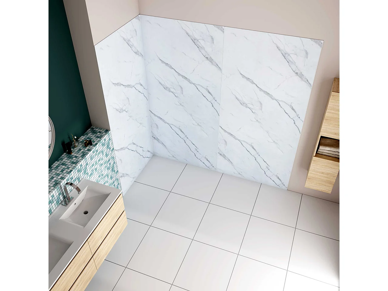 H.210 cm Pannello Doccia ad Angolo 210x80 cm Realizzato in Alluminio da 3 mm con Profili Finitura Bianco Alba per Rivestimento Parete Bagno