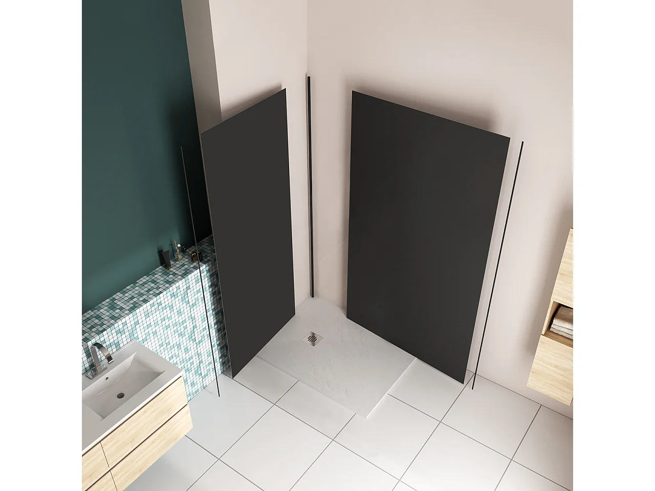 H.210 cm Pannello Doccia ad Angolo 100x80 cm Realizzato in Alluminio da 3 mm con Profili Finitura Nero Opaco per Rivestimento Parete Bagno