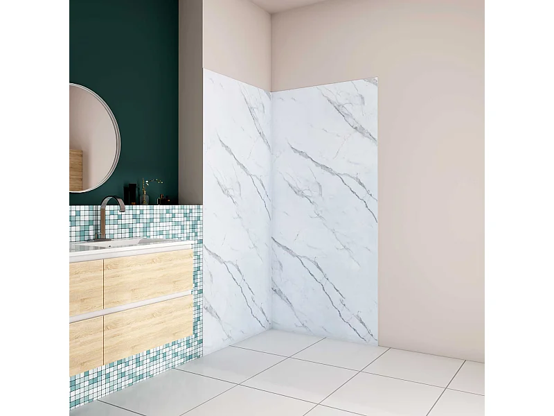 H.210 cm Pannello Doccia ad Angolo 90x90 cm Realizzato in Alluminio da 3 mm con Profili Finitura Bianco Alba per Rivestimento Parete Bagno