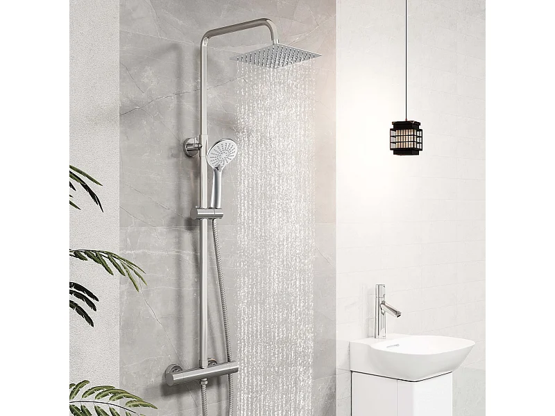 AICA Colonne de Douche Thermostatique 38°C Ensemble de Douche avec Pomme haute 20 x 20 cm+Douchette 3 Jets Hauteur Réglable 72-125 cm Laiton & Acier Inox