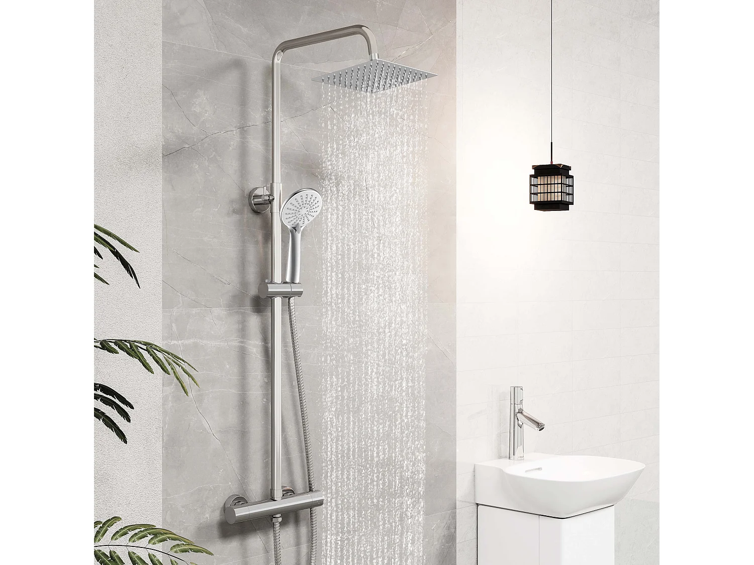 AICA Colonne de Douche Thermostatique 38°C Ensemble de Douche avec Pomme haute 20 x 20 cm+Douchette 3 Jets Hauteur Réglable 72-125 cm Laiton & Acier Inox
