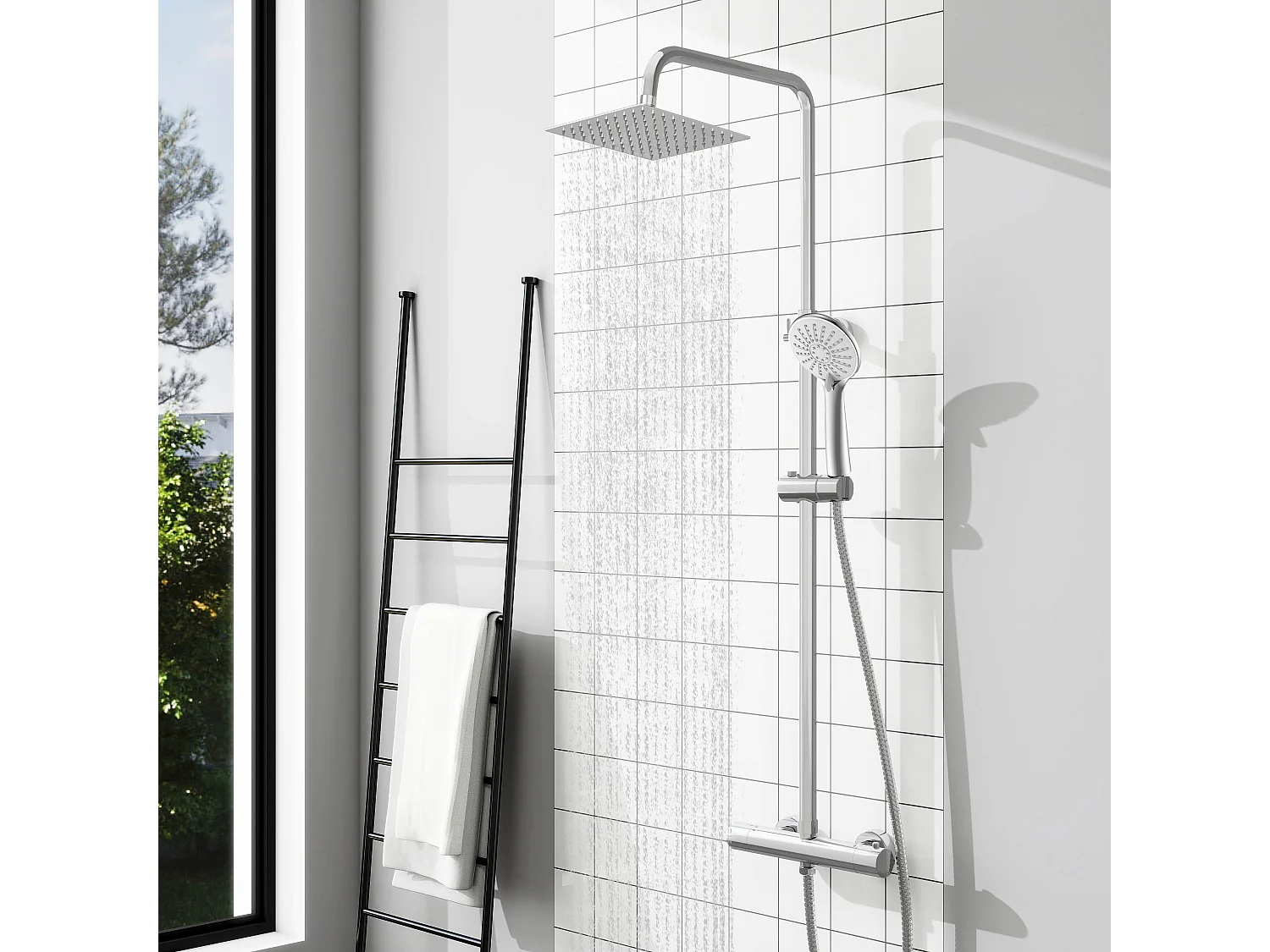 AICA Colonne de Douche Thermostatique 38°C Ensemble de Douche avec Pomme haute 20 x 20 cm+Douchette 3 Jets Hauteur Réglable 72-125 cm Laiton & Acier Inox