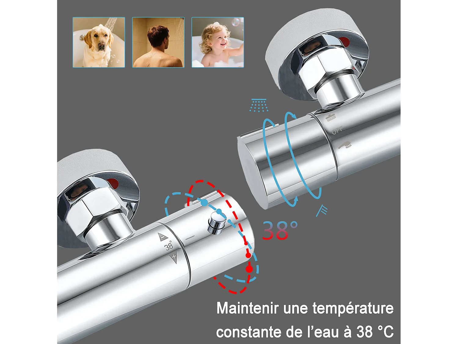 AICA Colonne de Douche Thermostatique 38°C Ensemble de Douche avec Pomme haute 20 x 20 cm+Douchette 3 Jets Hauteur Réglable 72-125 cm Laiton & Acier Inox
