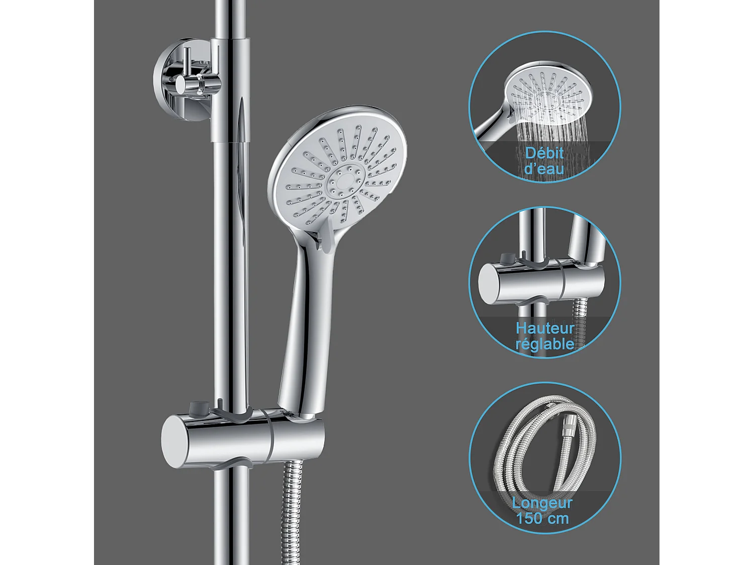 AICA Colonne de Douche Thermostatique 38°C Ensemble de Douche avec Pomme haute 20 x 20 cm+Douchette 3 Jets Hauteur Réglable 72-125 cm Laiton & Acier Inox