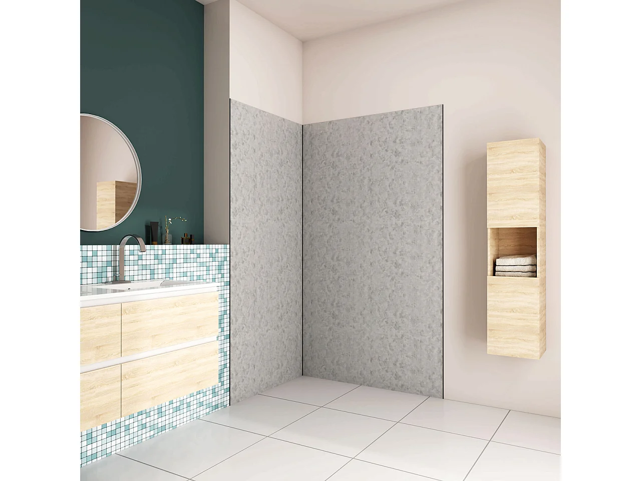 H.210 cm Pannello Doccia ad Angolo 100x90 cm Realizzato in Alluminio da 3 mm con Profili Finitura Grigio Cemento per Rivestimento Parete Bagno