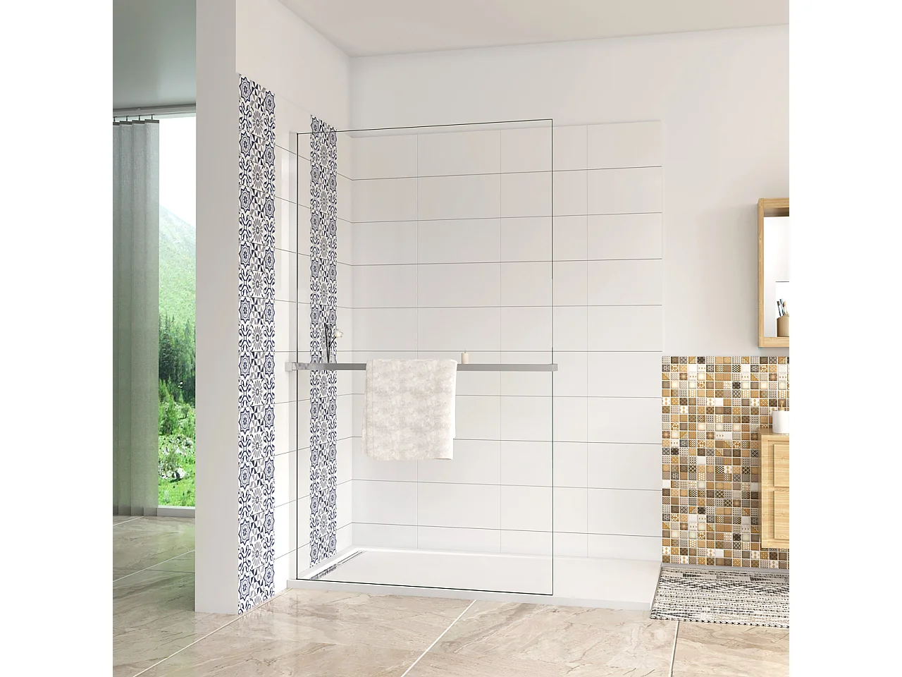 Mensola Doccia per Parete Doccia Walk in 90 cm Alluminio Cromo Lucido Porta-asciugamani Adattabile Vetro da 8 mm