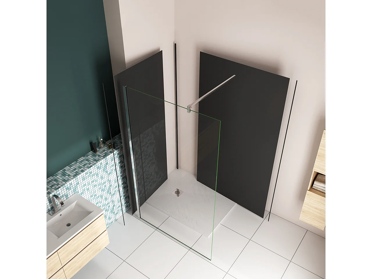 H.210 cm Pannello Doccia ad Angolo 120x90 cm Realizzato in Alluminio da 3 mm con Profili Finitura Nero Opaco per Rivestimento Parete Bagno