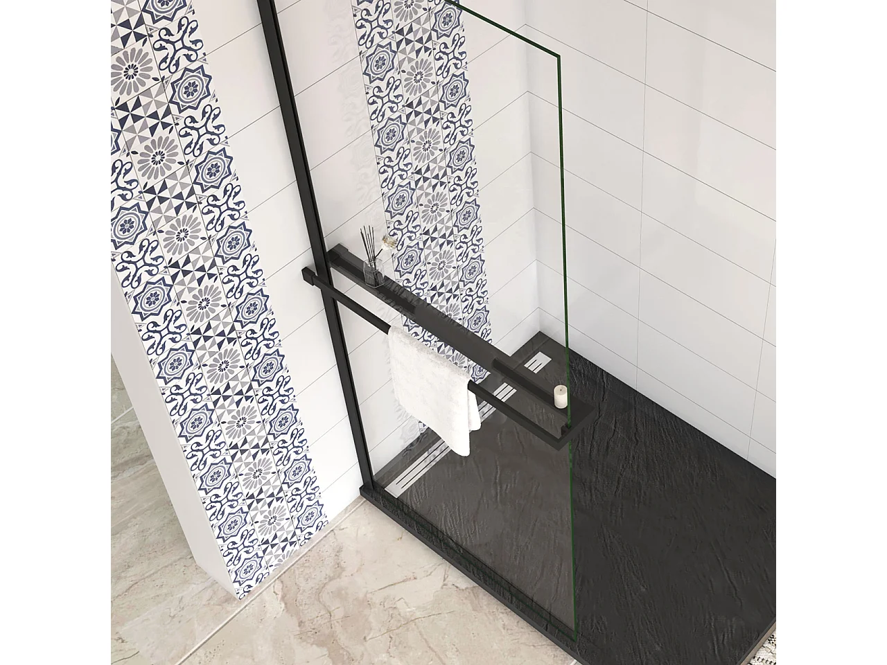 Mensola Doccia per Parete Doccia Walk in 100 cm Alluminio Nero Opaco Porta-asciugamani Adattabile Vetro da 8 mm