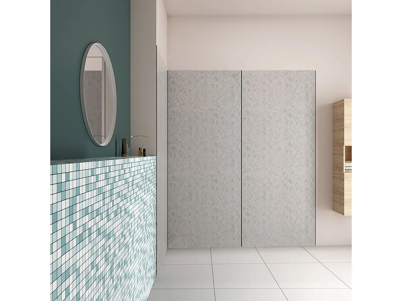 H.210 cm Pannello Doccia ad Angolo 80x80x120 cm Realizzato in Alluminio da 3 mm con Profili Finitura Grigio Cemento per Rivestimento Parete Bagno