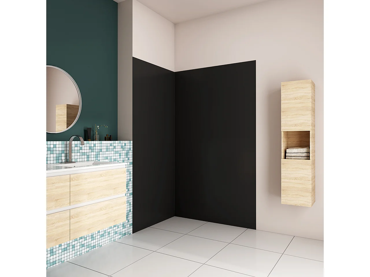 H.210 cm Pannello Doccia ad Angolo 90x80 cm Realizzato in Alluminio da 3 mm con Profili Finitura Nero Opaco per Rivestimento Parete Bagno