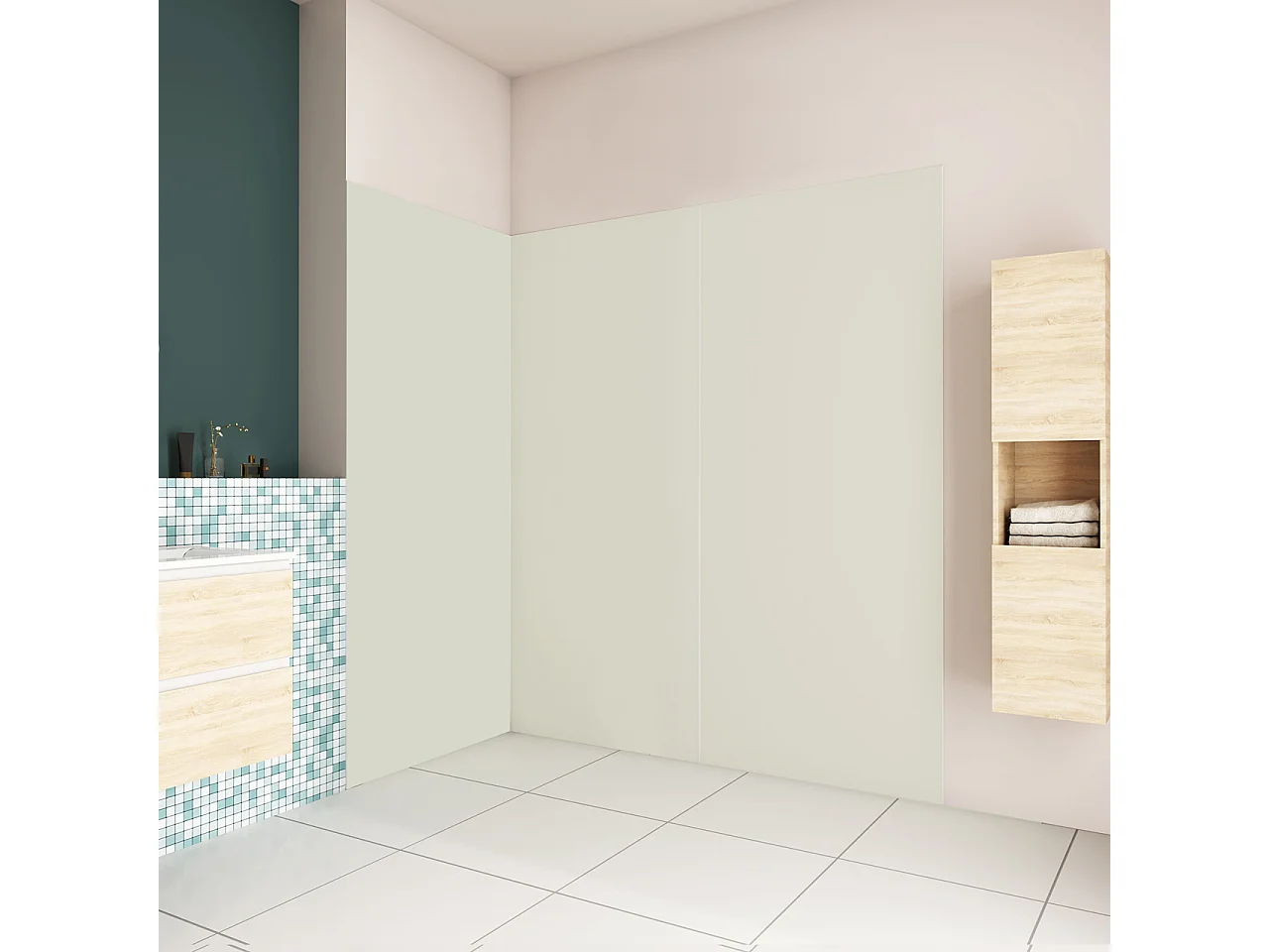 H.210 cm Pannello Doccia ad Angolo 190x40 cm Realizzato in Alluminio da 3 mm con Profili Finitura Bianco Avorio per Rivestimento Parete Bagno