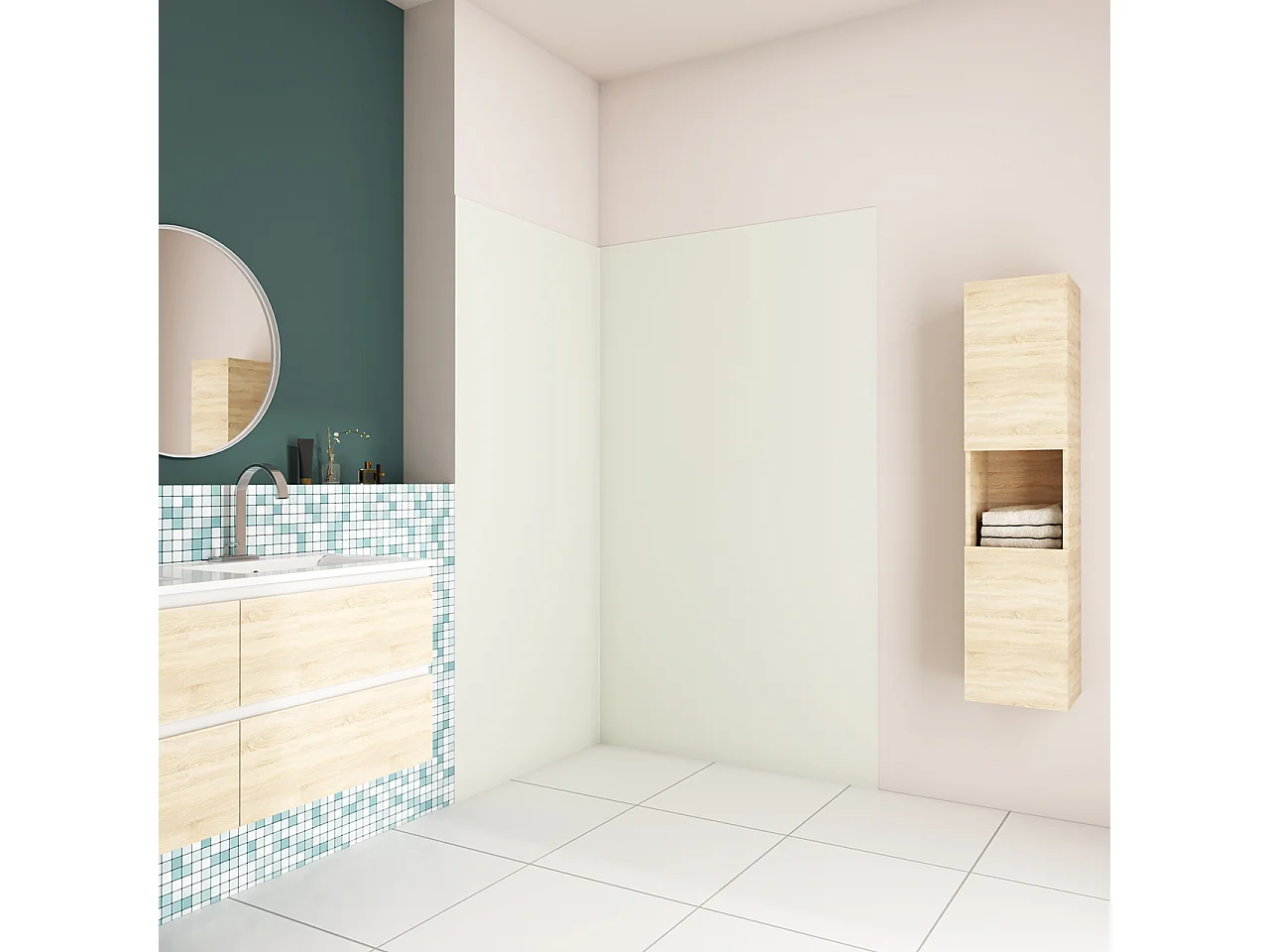 H.210 cm Pannello Doccia ad Angolo 100x80 cm Realizzato in Alluminio da 3 mm con Profili Finitura Bianco Avorio per Rivestimento Parete Bagno