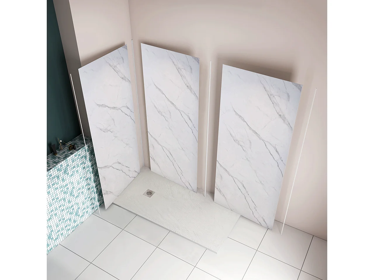 H.210 cm Pannello Doccia ad Angolo 180x80 cm Realizzato in Alluminio da 3 mm con Profili Finitura Bianco Alba per Rivestimento Parete Bagno