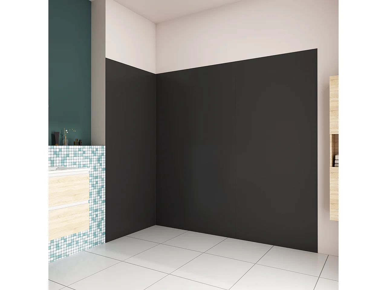 H.210 cm Pannello Doccia ad Angolo 240x120 cm Realizzato in Alluminio da 3 mm con Profili Finitura Nero Opaco per Rivestimento Parete Bagno