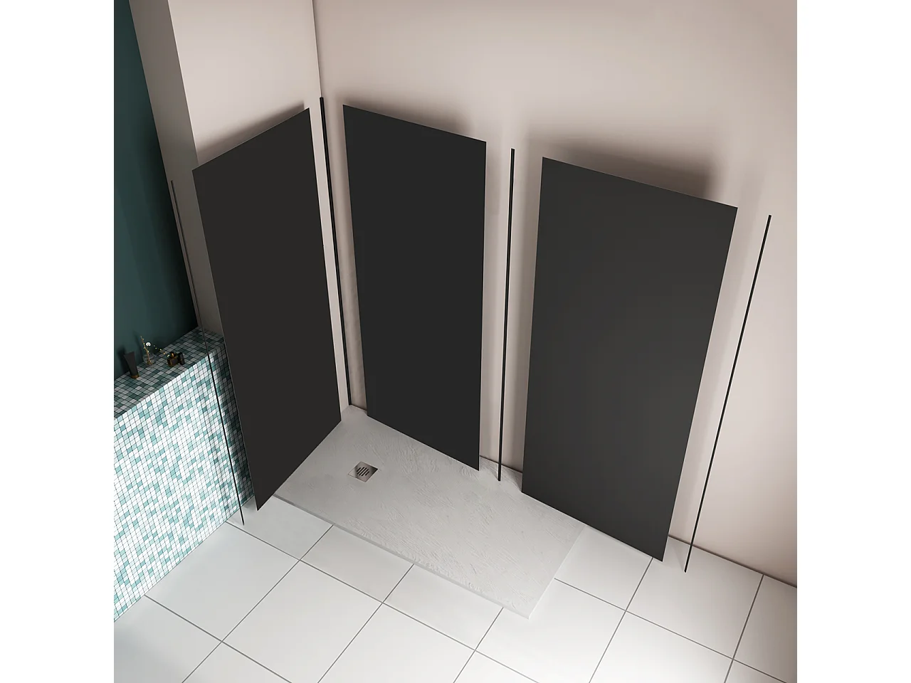 H.210 cm Pannello Doccia ad Angolo 220x80 cm Realizzato in Alluminio da 3 mm con Profili Finitura Nero Opaco per Rivestimento Parete Bagno