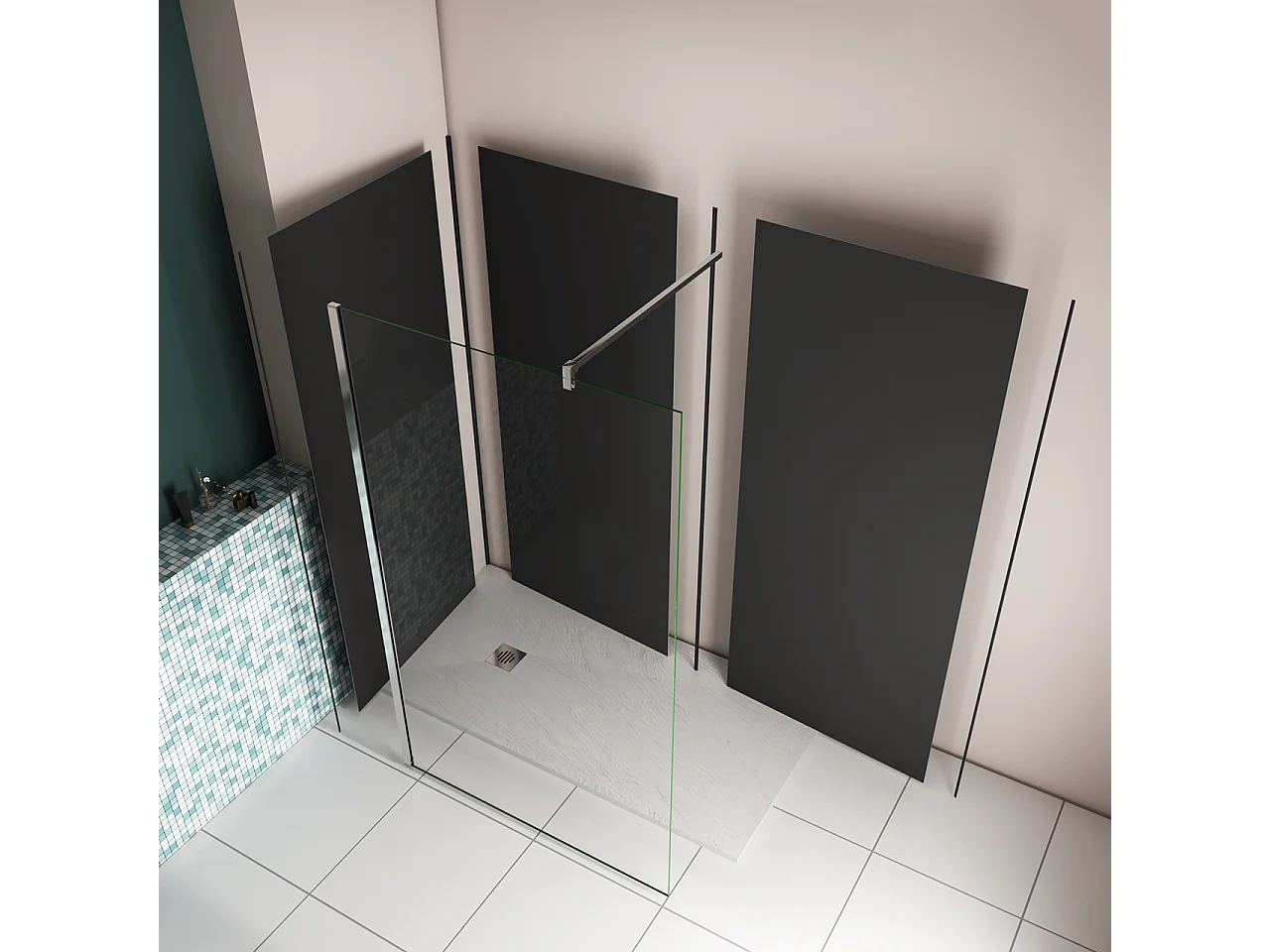 H.210 cm Pannello Doccia ad Angolo 220x90 cm Realizzato in Alluminio da 3 mm con Profili Finitura Nero Opaco per Rivestimento Parete Bagno