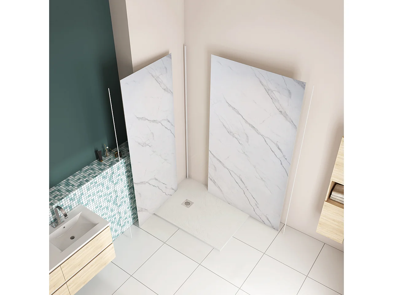 H.210 cm Pannello Doccia ad Angolo 120x120 cm Realizzato in Alluminio da 3 mm con Profili Finitura Bianco Alba per Rivestimento Parete Bagno