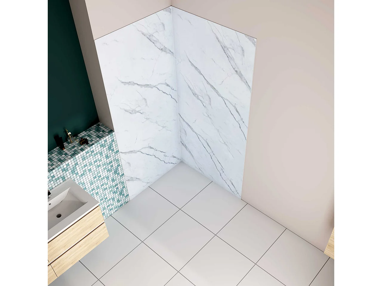 H.210 cm Pannello Doccia ad Angolo 80x40 cm Realizzato in Alluminio da 3 mm con Profili Finitura Bianco Alba per Rivestimento Parete Bagno