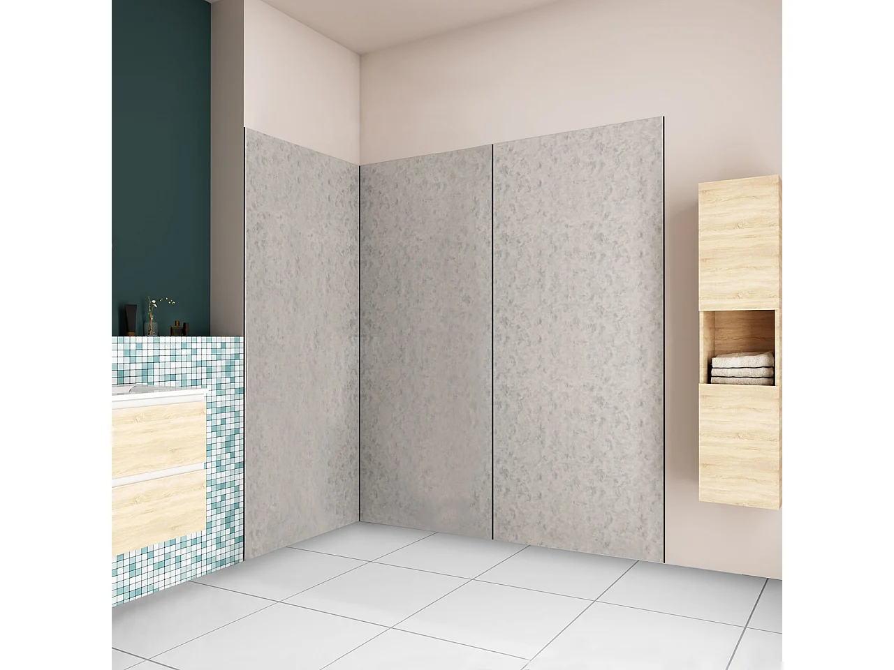 H.210 cm Pannello Doccia ad Angolo 220x100 cm Realizzato in Alluminio da 3 mm con Profili Finitura Grigio Cemento per Rivestimento Parete Bagno