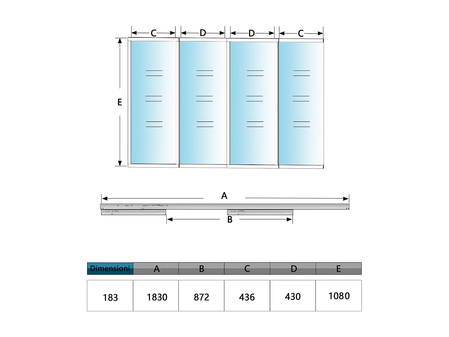 Vetrata Scorrevole Interna 183x108 cm in Vetro Temperato 4 Lastre Corniciate Profilo Nero Opaco Divisorio da Casa