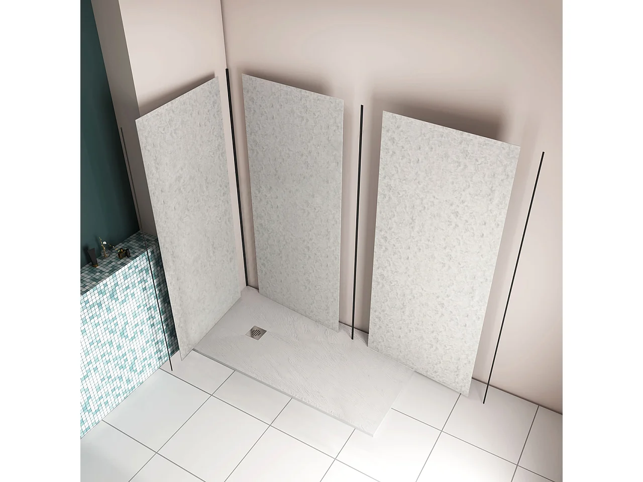 H.210 cm Pannello Doccia ad Angolo 240x80 cm Realizzato in Alluminio da 3 mm con Profili Finitura Grigio Cemento per Rivestimento Parete Bagno