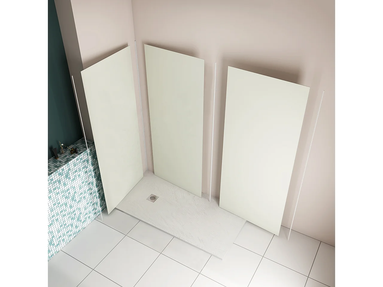 H.210 cm Pannello Doccia ad Angolo 210x40 cm Realizzato in Alluminio da 3 mm con Profili Finitura Bianco Avorio per Rivestimento Parete Bagno