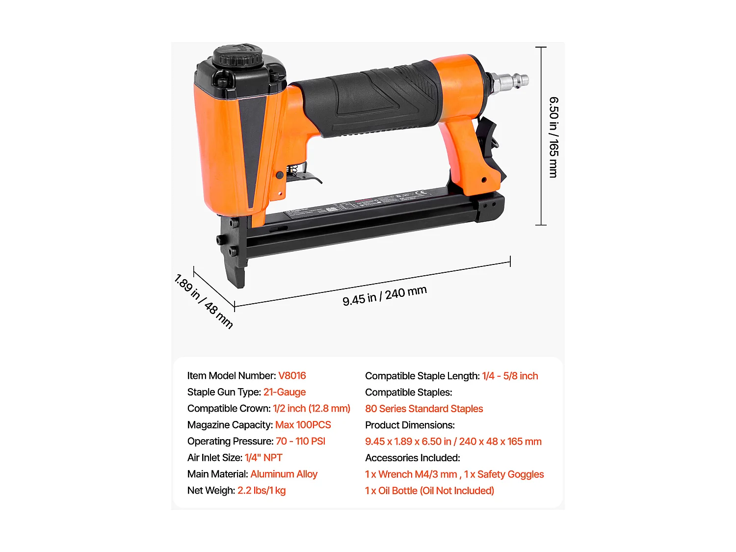 Grapadora Neumática SucceBuy, Calibre 21, Compatible con Grapas Estándar Serie 80 (No Incluidas), de Ancho de Corona 1.28 cm, de Longitud 0.6-1.6 cm