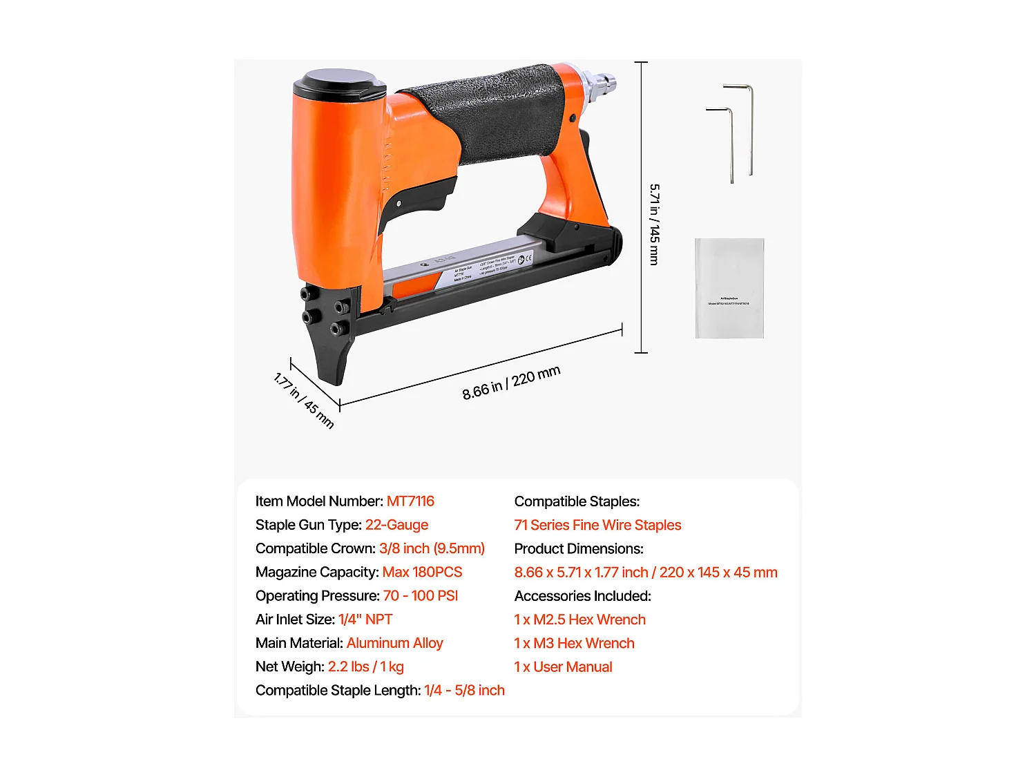 Agrafeuse Pneumatique SucceBuy, Calibre 22, Compatible avec Agrafes Fil Fin Série 71 Non Inclues de Largeur Couronne 0.95 cm de Longueur 0.6-1.6 cm