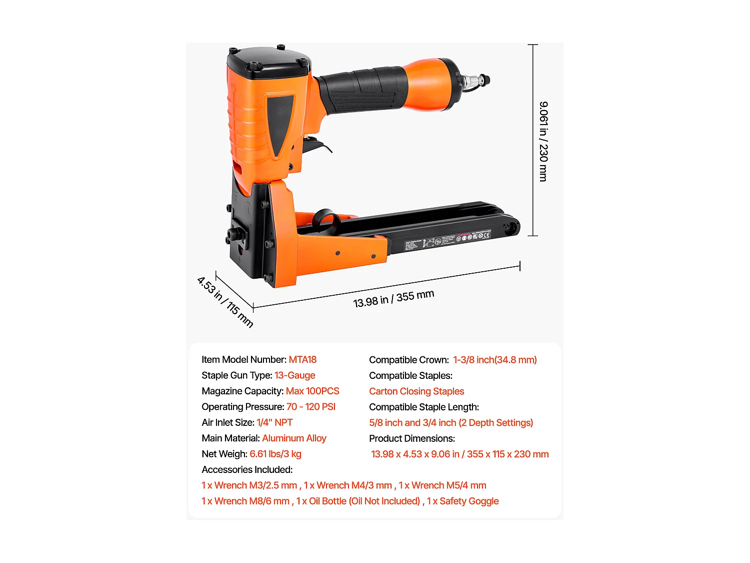 Pneumatischer Tacker SucceBuy für Kartonschließung, Kaliber 13, Kompatibel mit Klammern Nicht Enthalten von Krone 3.48 cm, von Länge 1.6 und 1.9 cm