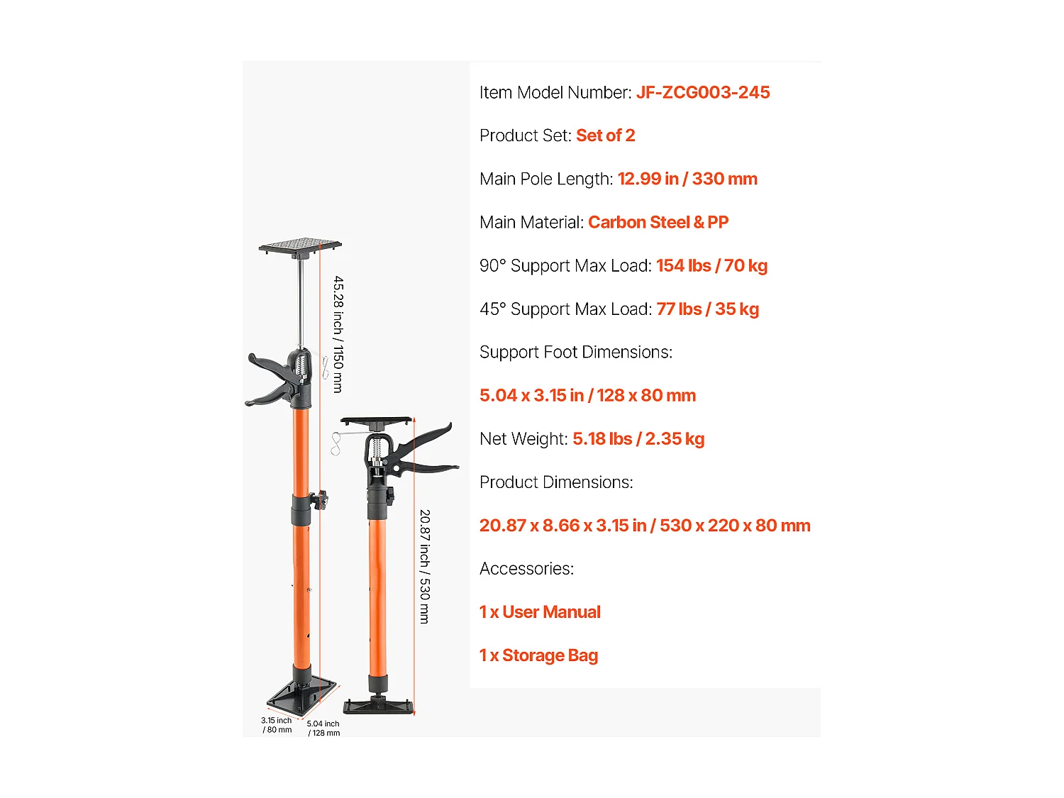 Étai de Soutien Télescopique SucceBuy 54-115 cm Poteau de Support Réglable Lot de 2, Tige Dégagement Rapide, en Acier, Charge 70 kg, Étai pour Plafond